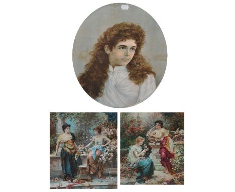 A quantity of decorative pictures and prints including a pair of landscape prints, an oval print of a young woman etc.