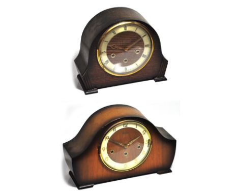 An oak domed topped mantle clock and a similar walnut example (2).