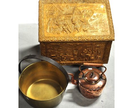 A brass coal bin, jam pan and copper kettle (3).