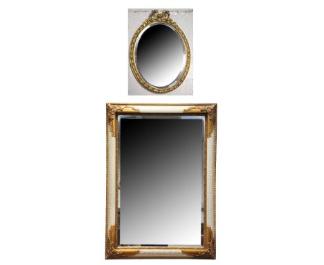 A modern rectangular gilt framed wall mirror with bevelled plate, length 107cm also a modern oval wall mirror in gilt frame, 