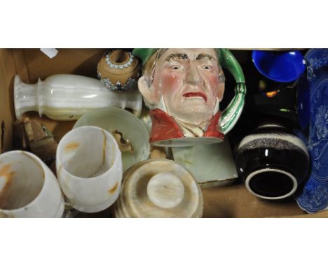 Various ceramics to include a Beswick character jug, onyx boxes, onyx vases, a pair of Crown Ducal vases, a boxed Spode plate
