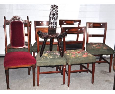 Five Edwardian mahogany dining chairs with tapestry seats, together with two further Edwardian mahogany dining chairs and a f