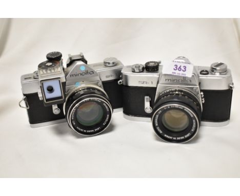 Two Minolta SR-1 cameras one with light meter Nos 1201650 &amp;2546153 with a Minolta Auto Rokker-PF 1:2 55mm lens and a Mino