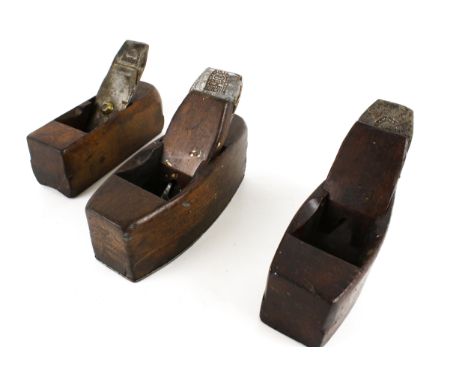 Three vintage wooden block planes. Including one with blade stamped Marples & Sons, H13cm, etc. 