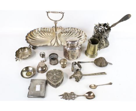 A collection of small silver and silverplated items. The silver includes a a silver mounted small domed ink well, London 1923