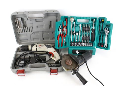 Electric hand tools and a tool set. Including a hammer drill, 240v, and an angle grinder, etc.