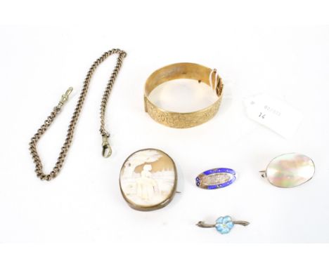 A collection of jewellery. To include two enamelled brooches; a curb chain; and oval cameo depicting Rachael at the well; app