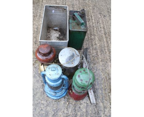 Seven vintage collectables. Including a ESSO petrol can, an ABC Garage sign, a metal Walls ice cream container and four storm