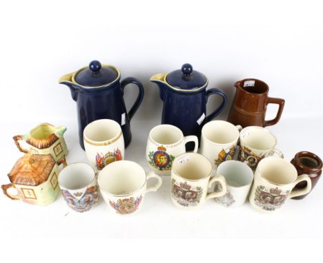 A collection of assorted vintage china. Including commemorative mugs, two Denby coffee pots, etc. Max. H22cm