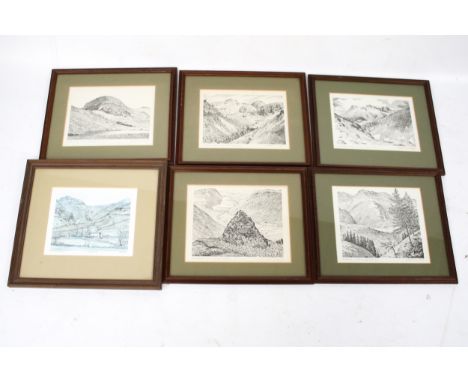 A collection of six assorted signed prints. Including A Wainwright XX five monochrome prints 'Scafell Pike from Throstle Gart
