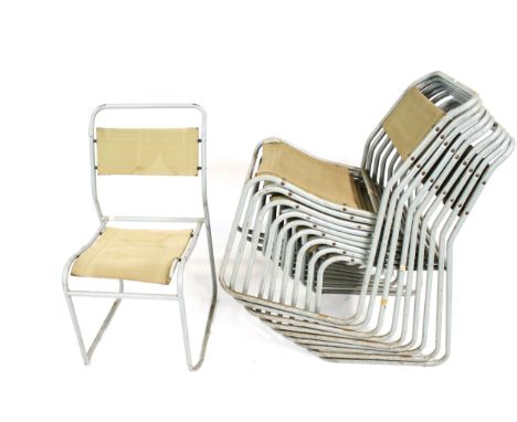 Mid Century / Vintage Retro : Pel Cox  Industrial Style tubular chairs. Ten metal and canvas stacking chairs. Painted grey, H