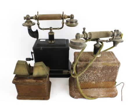 Two vintage cradle crank telephone and bell sets. Including a handset with bakelite mouth piece, H30cm