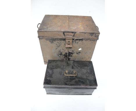 Two vintage tin strong boxes. The smaller is stamped 'Milners' on the brass handle, Max. L52cm x D37cm x H43cm