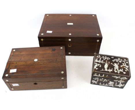 Three vintage boxes. Comprising a lacquer and mother of pearl box, L15cm, a mahogany sewing box with a fitted interior, L30.5