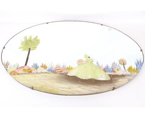 A bevelled edge wall mirror. Of oval form, painted with a scene of a woman amongst a garden, L72cm