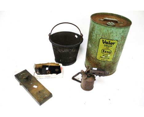 An assortment of collectables. Comprising a vintage Esso Blue Paraffin drum, H44.5cm, two locks, a bucket and a blow torch