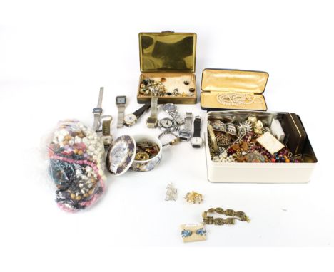 A collection of miscellaneous costume jewellery and watches. Including a filigree brooch in the form of five open leaves stam