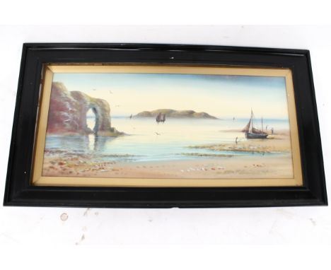 Elias Mollineaux Bancroft (1869-1893), 'Perranporth Beach', oil on board. Seascape with fishing boats. Framed and glazed, 60c