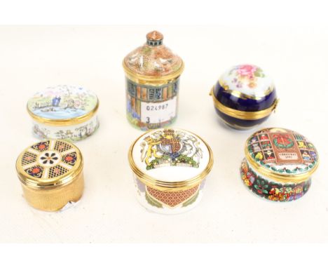 Six enamelled boxes. Of various shapes, including Crown Derby, Halcyon days, and enamel examples, Max. H7cm