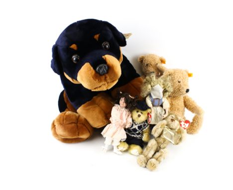 A collection of soft toys. Including a Keel Toys dog, Ty teddy bears and two Dianna Effner dolls.