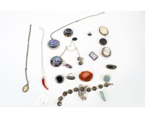 A collection of jewellery. Yo include an oval agate brooch and three butterfly-wing brooches; two carved mother of pearl came