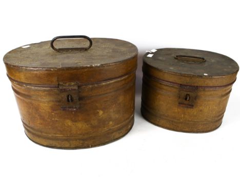 Two vintage metal hat boxes. The hinged cover inscribed 'Mr Harrison'. Max. H26cm 