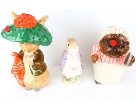 Three assorted Beatrix Potter ceramic figures. Including Mr McGregor's Garden 'Mrs Tigglewinkle', H31cm, etc.