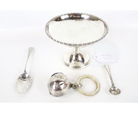 A small silver pedestal sweet dish and other items. The sweet dish with a bead and reel border and a loaded foot, mark of Wil