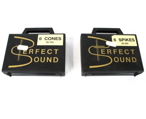 An assortment of Perfect Sound speaker spares. Comprising one box of six cones 80-120 and one box of six spikes 80-320.