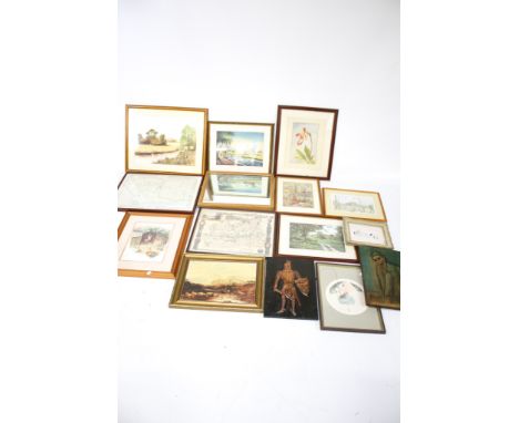 A collection of fourteen assorted paintings, prints and a mirror. Max. 60cm x 44cm