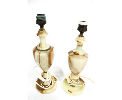 Two similar vintage onyx stone table lamp bases. Mounted on circular stands, H38cm