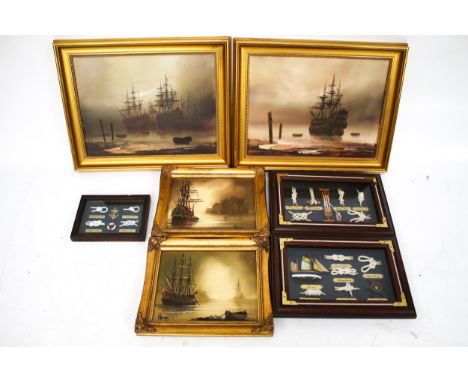 Two pairs of marine oil paintings on canvas, and a collection of knotwork pictures. The first signed 'Howard' and 'K. Hammond