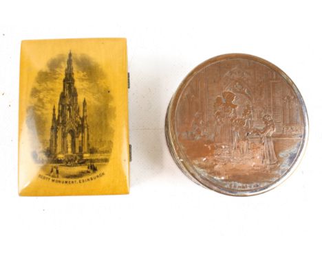 Two vintage souvenir items. Comprising a silver plated box from 'Charite', Diameter 8cm, and a Mauchline ware box for the 'Sc