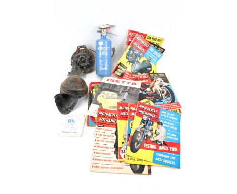 A collection of assorted automobilia and vintage magazines. Including 'Motorcycle Mechanics' from the 1960s, a BMW Isetta bro
