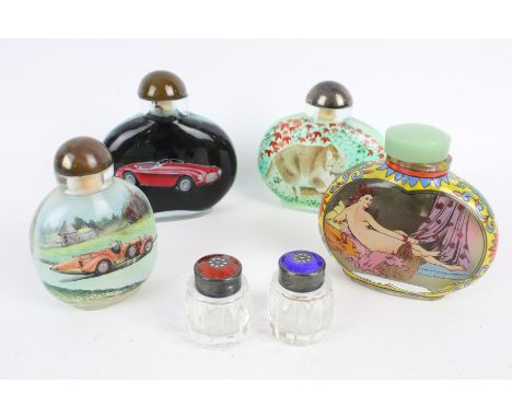 A collection of decorative bottles. Including four contemporary Chinese snuff bottles with a salt and pepper pot with silver 