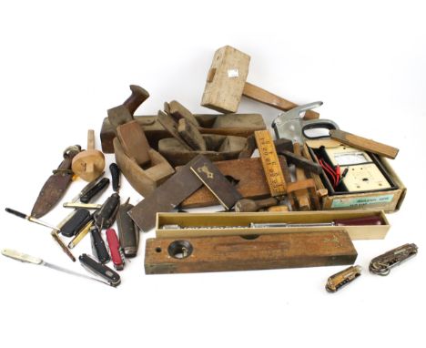An assortment of tools and collectables. Including penknives, Sorby woodworking tools, rulers, etc.