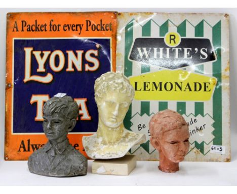 TWO REPRODUCTION ADVERTISING SIGNS  including Lyons Tea and R Whites Lemonade, two Sylvia Warman resin busts and one other (5