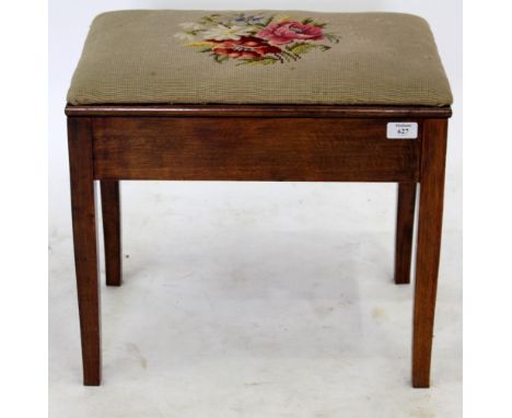 A MID TO LATE VICTORIAN PIANO STOOL with tapestry seat, 49cm x 42cm x 31cm