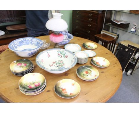 A COLLECTION OF CERAMIC TO INCLUDE a Masons jug, three wash bowls, continental hand painted fruit plates, an old oil lamp etc