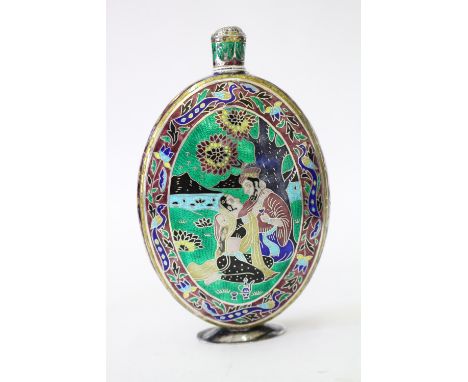 A KASHMIRI WHITE METAL AND ENAMEL FLASK the base marked 92.5 and Arabic mark, 17cm high