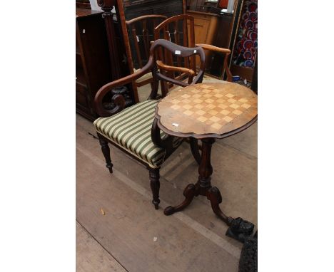 A VICTORIAN MAHOGANY TRIPOD OCCASIONAL TABLE with a chess inlaid top, the top 60cm wide together with a Victorian balloon bac