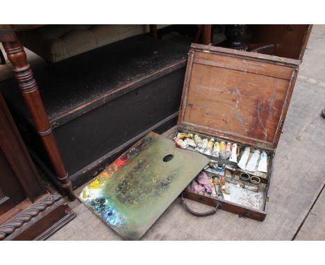 AN OLD WINSOR NEWTON LIMITED ARTISTS BOX together with sketch books, accessories and a pine trunk