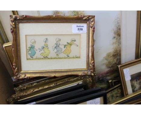 A GROUP OF VARIOUS DECORATIVE WATERCOLOURS, PRINTS AND OTHER PICTURES to include a pair of Oriental silk work pictures of exo