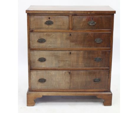 A VICTORIAN MAHOGANY CHEST OF TWO SHORT AND THREE LONG DRAWERS raised on bracket feet, 88cm wide x 43cm deep x 102cm high