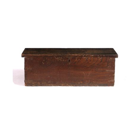A 19TH CENTURY SCUMBLE DECORATED PINE TRUNK with iron handles and mounts, 132cm wide x 51cm deep x 46cm high