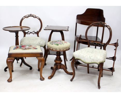 A SMALL GROUP OF OCCASIONAL FURNITURE consisting of a walnut dressing table stool with inset seat and cabriole legs, together