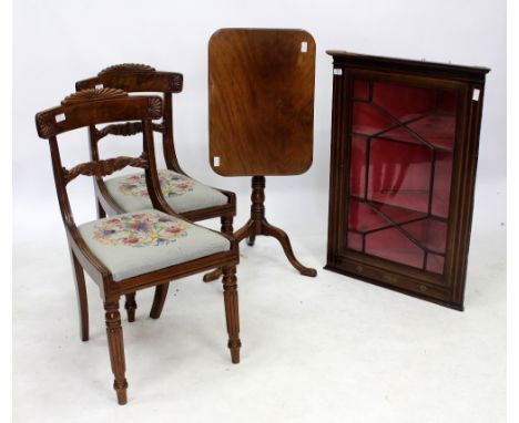 A SMALL TILT TOP TRIPOD OCCASIONAL TABLE together with a pair of bar backed dining chairs and a glazed hanging corner cupboar