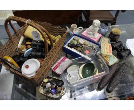 A SELECTION OF MISCELLANEOUS ITEMS including a bisque Staffordshire spaniel, various drafts pieces, opera glasses, binoculars