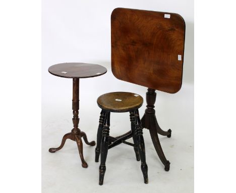 A VICTORIAN MAHOGANY TRIPOD OCCASIONAL TABLE 38cm diameter; a 19th century tilt top occasional table and an elm seated stool 