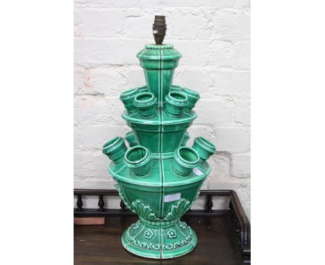 A GREEN GLAZED POTTERY TABLE LAMP or bulb table lamp, marked Casa Pupo of London 50cm high 